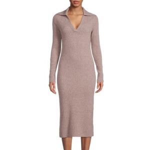 VINCE Ribbed Polo Wool-Cashmere Blend Bodycon Dress Heather Maple Medium $425